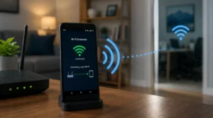 Old Android smartphone being used as a Wi-Fi extender to improve wireless coverage at home.