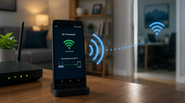 Old Android smartphone being used as a Wi-Fi extender to improve wireless coverage at home.