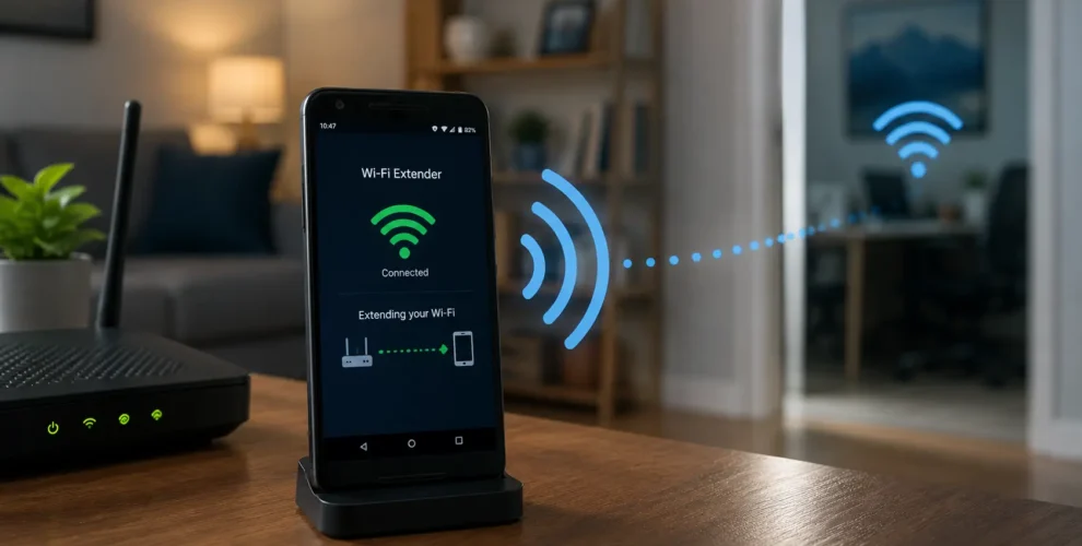 Old Android smartphone being used as a Wi-Fi extender to improve wireless coverage at home.