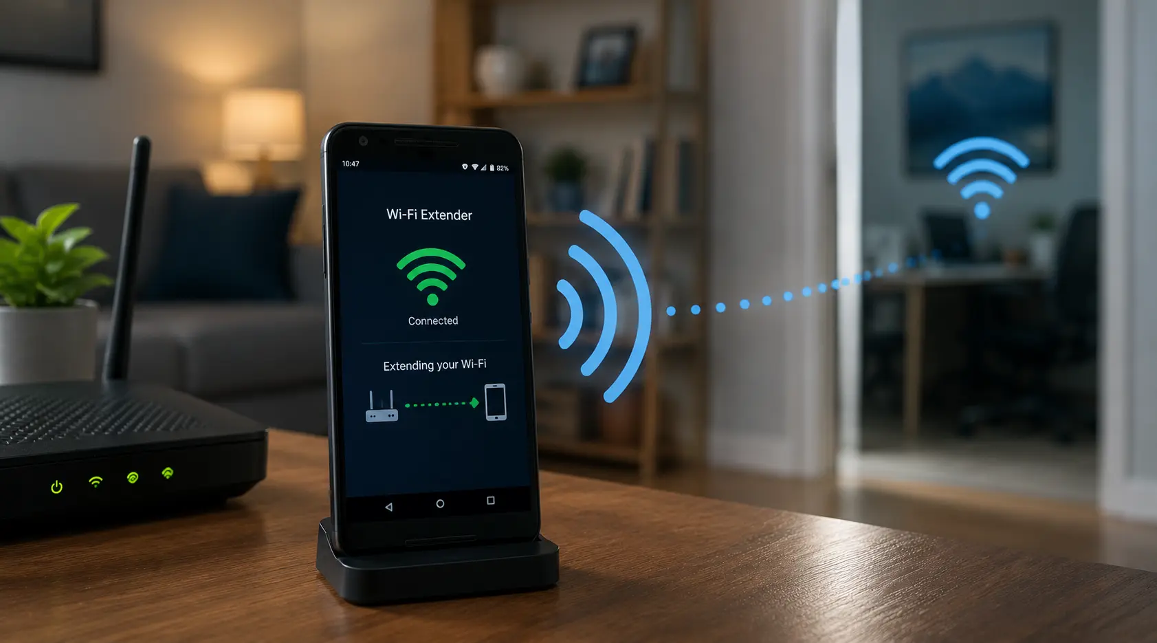 Old Android smartphone being used as a Wi-Fi extender to improve wireless coverage at home.
