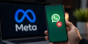 A smartphone displaying a WhatsApp account under review notification with a security verification message on the screen.