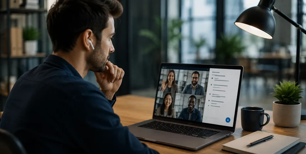 A laptop displaying an AI meeting assistant creating live meeting notes, summaries, and action items using Wispr Flow.