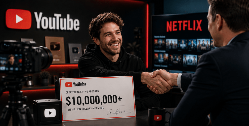 YouTube and Netflix logos representing growing competition for top digital creators and exclusive creator-led shows.