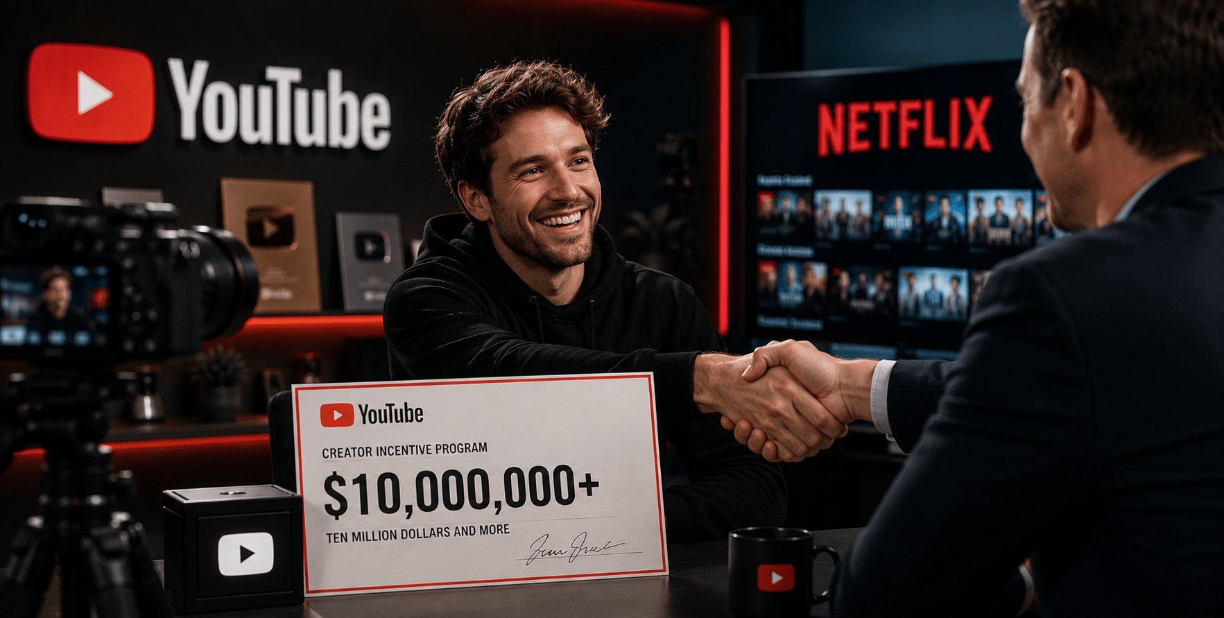 YouTube and Netflix logos representing growing competition for top digital creators and exclusive creator-led shows.