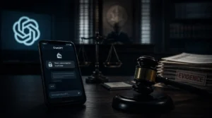 Private ChatGPT conversations being examined as digital evidence in a courtroom.