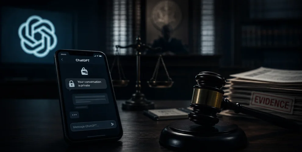 Private ChatGPT conversations being examined as digital evidence in a courtroom.